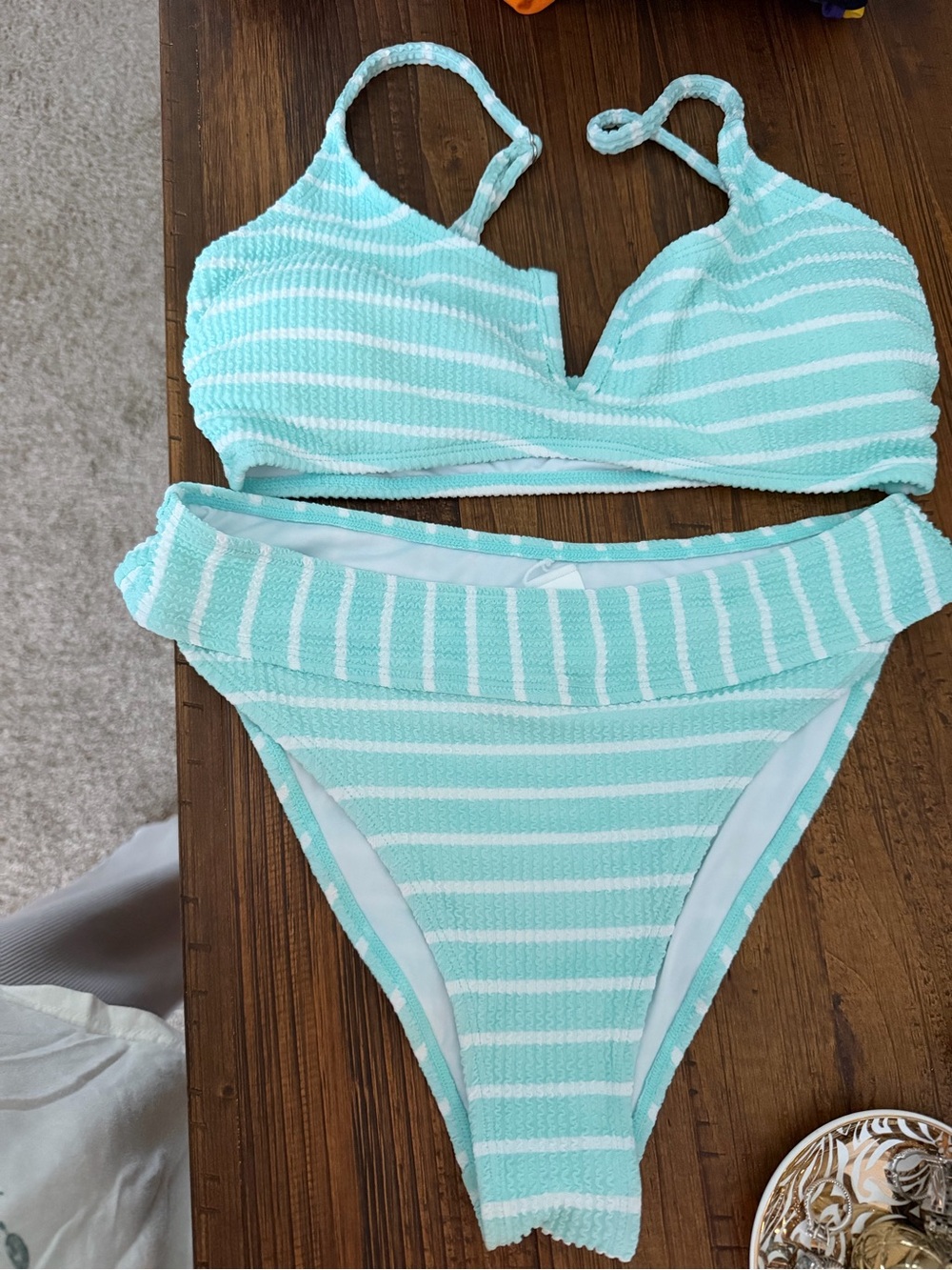 Cupshe Mint Green and White Striped Textured Bikini